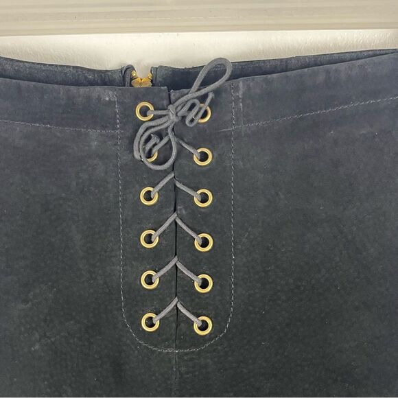 HUGO BUSCATI Collection Classic Black 100% Leather Front Lace Bootcut Pants 12P - Picture 4 of 8